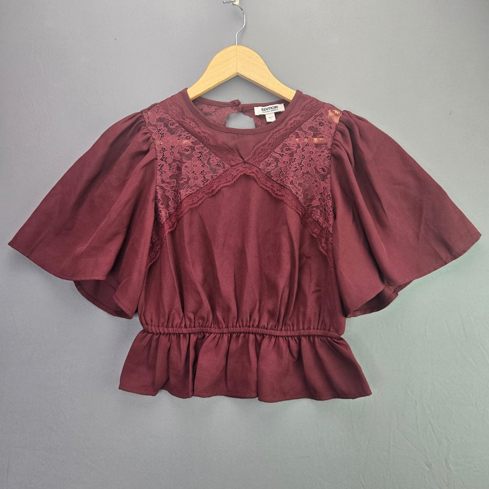 Edition Express Lace Flutter Sleeve Blouse XS Burgundy Peplum Keyhole Back Top